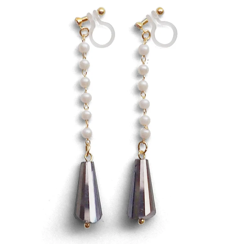 stud pearl earrings for women -Dangle white pearl with triangle brown crystal invisible clip on earrings