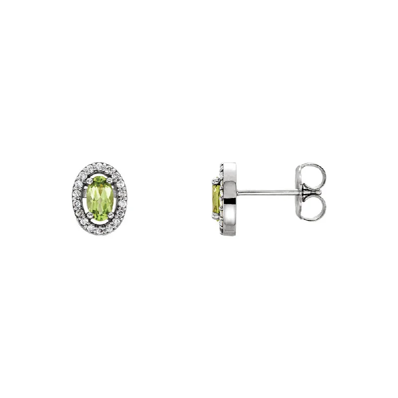 minimalistic earrings for women -Oval Peridot & Diamond Halo Earrings in 14k White Gold