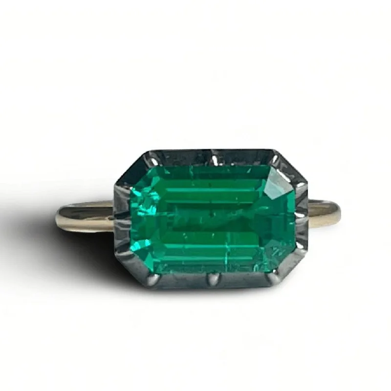 statement wedding rings for women -Georgian Victorian Emerald Cut Emerald Button Back Collet Ring