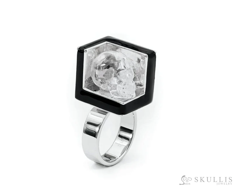 romantic rings for women -Gem Skull Ring of Quartz Rock Crystal Carved Skull in 925 Sterling Silver