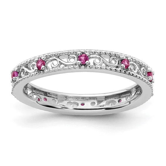 heirloom necklaces for women -Sterling Silver Stackable Expressions Created Ruby Filigree Ring