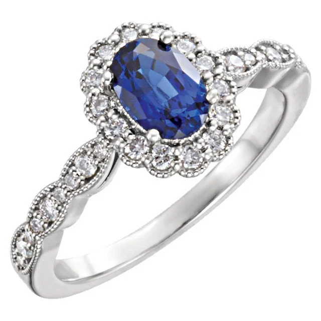 unique gemstone necklaces for women -14k White Gold Oval Created Blue Sapphire & Diamond Halo Ring