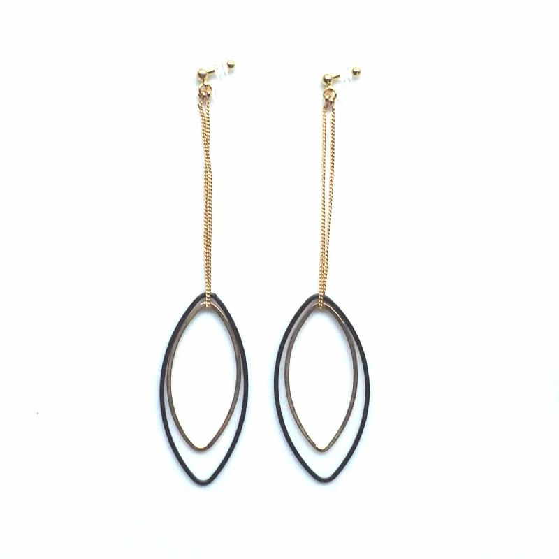 modern earrings for women -Long gold and black oval hoop invisible clip on earrings