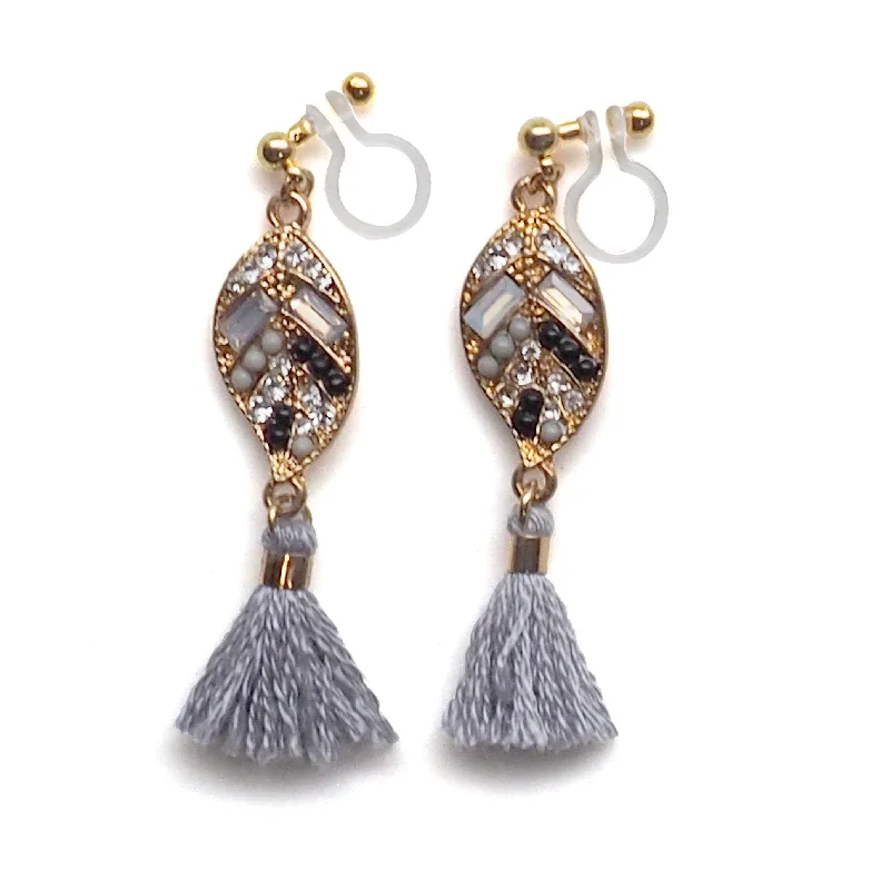 elegant earrings for women -Dangle gold leaf rhinestone and gray tassel invisible clip on earrings