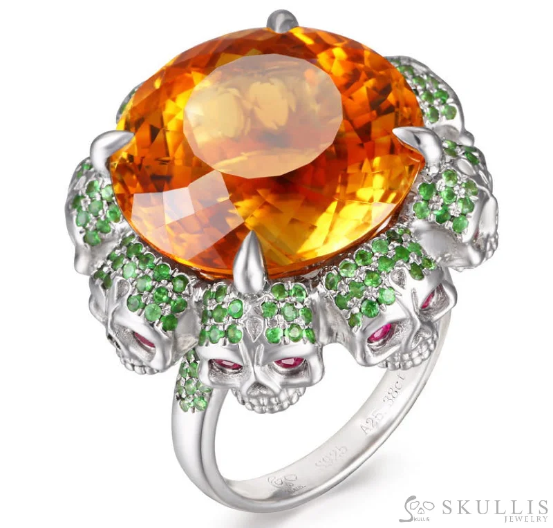 classic wedding rings for women -Gem Skull Ring of Round Cut Citrine Carved with Skull Ruby Eyes Skulls in 925 Sterling Silver