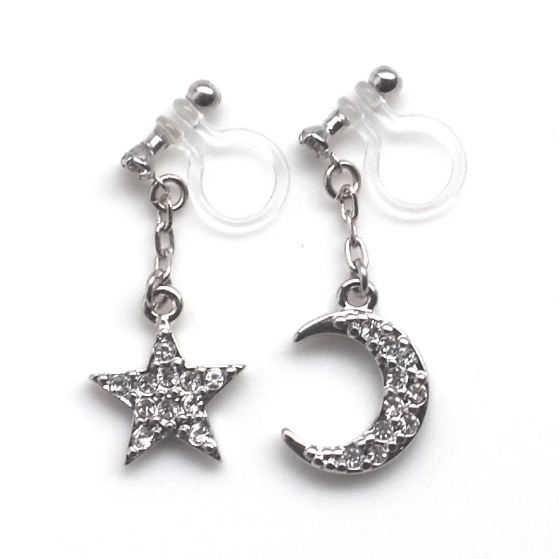 fine gold earrings for women -rhinestone star and moon invisible clip on earrings