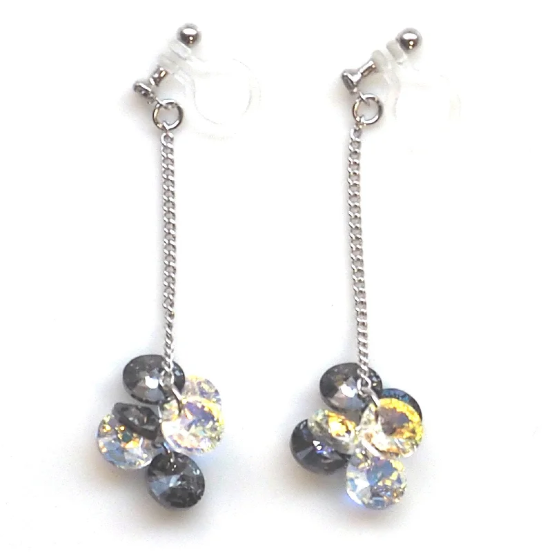 stud earrings for women -Dangle Aurora Borealis and black diamond Swarovski Crystal Invisible Clip On Earrings