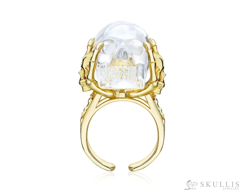 gold rings for women -Gem Skull Ring of Quartz Rock Crystal Carved Skull in 18k Gold-Plate Silver