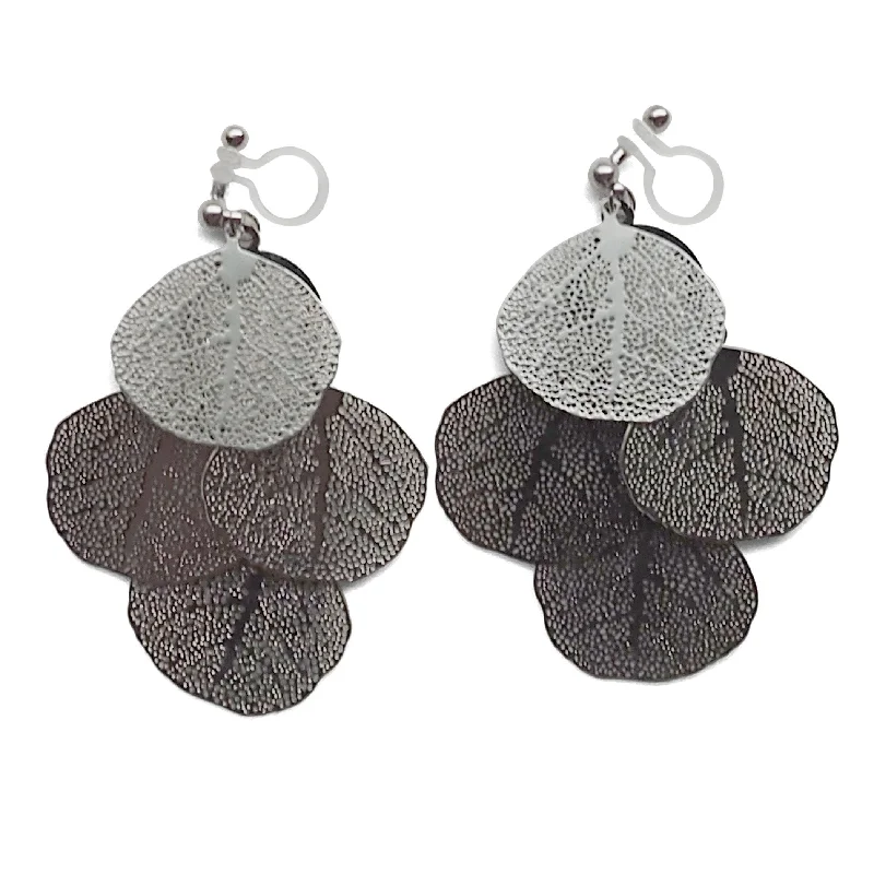 chic crystal earrings for women -Dangle silver four leaf filigree invisible clip on earrings