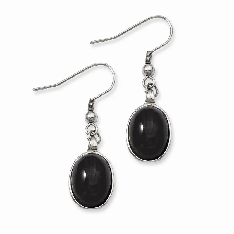 personalized hoop earrings for women -Black Agate Oval Cabochon Dangle Earrings in Stainless Steel