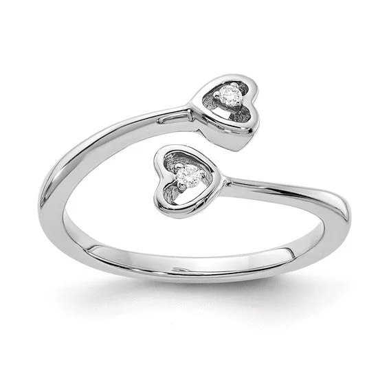 adjustable chain necklaces for women -Sterling Silver Diamond Double Heart ByPass Ring