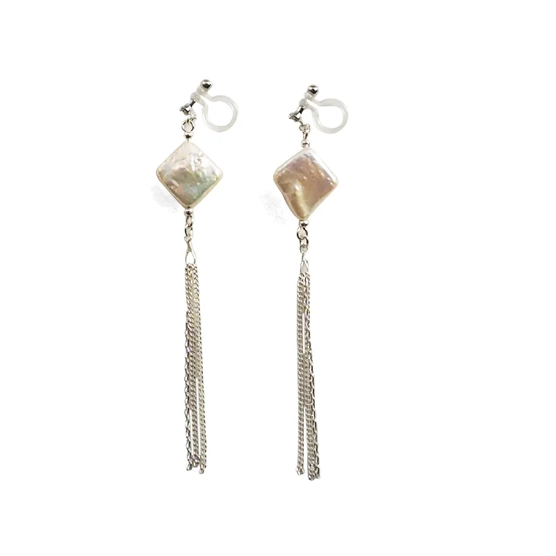 statement earrings for women -Square freshwater pearl with chain invisible clip on earrings