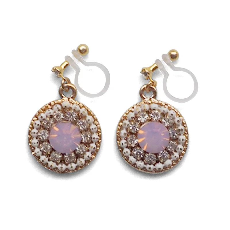 crystal drop earrings for women -Dangle Round Pale Pink Rhinestone Crystal Invisible Clip on Earrings