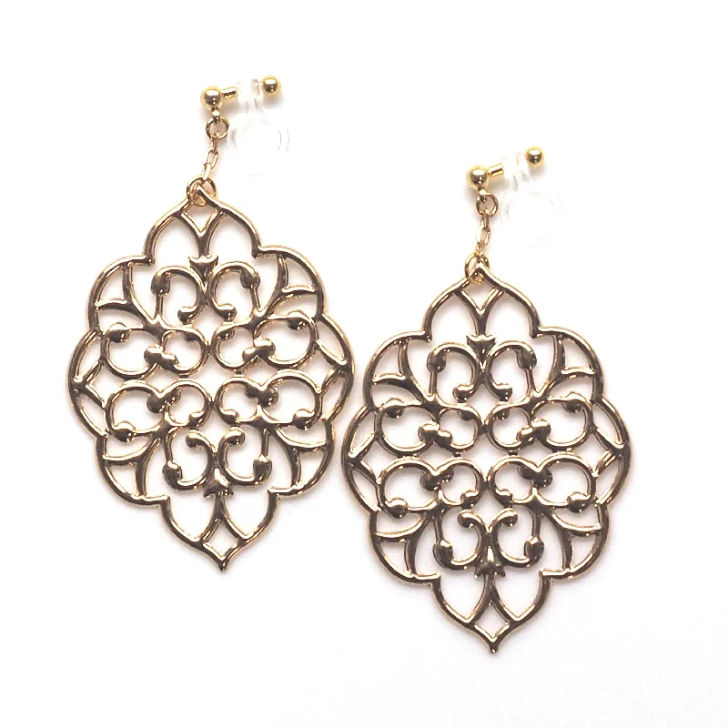 designer earrings for women -dangle large gold leaf filigree invisible clip on earrings