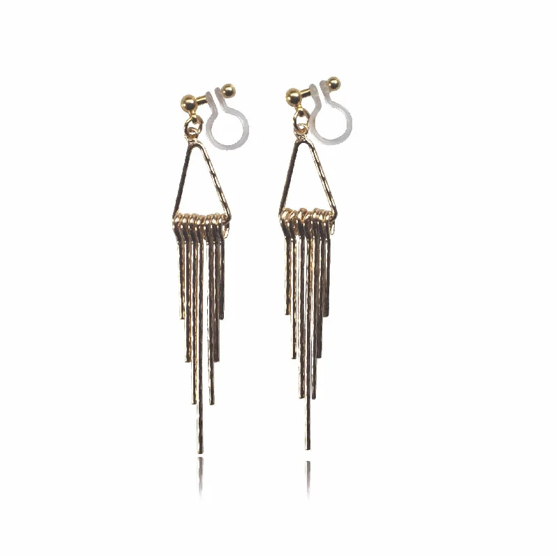 chandelier earrings for women -Gold fringe invisible clip on earrings