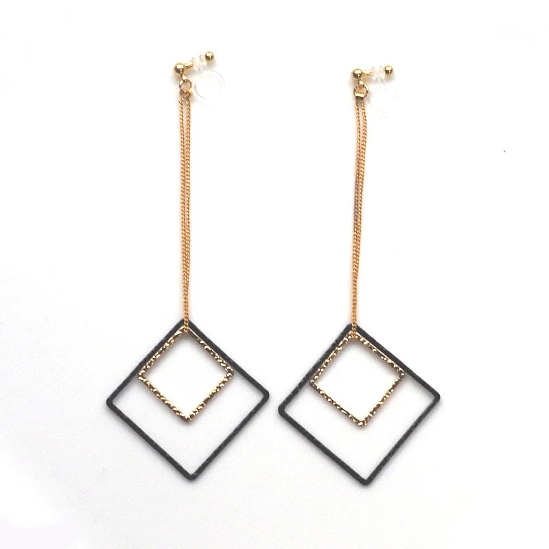 gold hoop earrings for women -Long gold and black square metal invisible clip on earrings