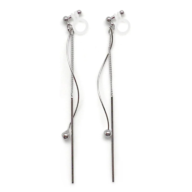 elegant drop earrings for women -Silver threader invisible clip on earrings