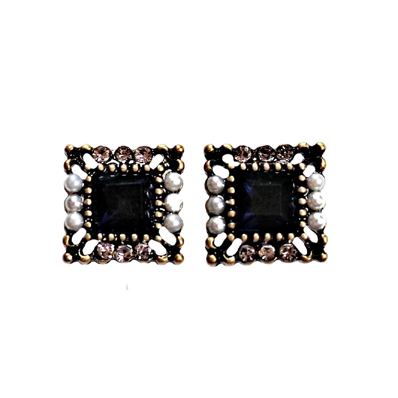 geometric earrings for women -Square Navy Blue Crystal Rhinestone Vinage Style Pearl Invisible Clip On Earrings