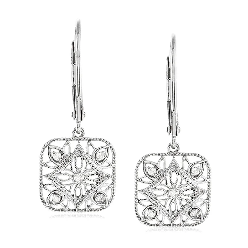 crystal drop earrings for women -Vintage Style Diamond Square Earrings in Sterling Silver