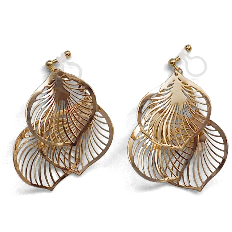 colorful earrings for women -Dangle gold three leaf filigree invisible clip on earrings