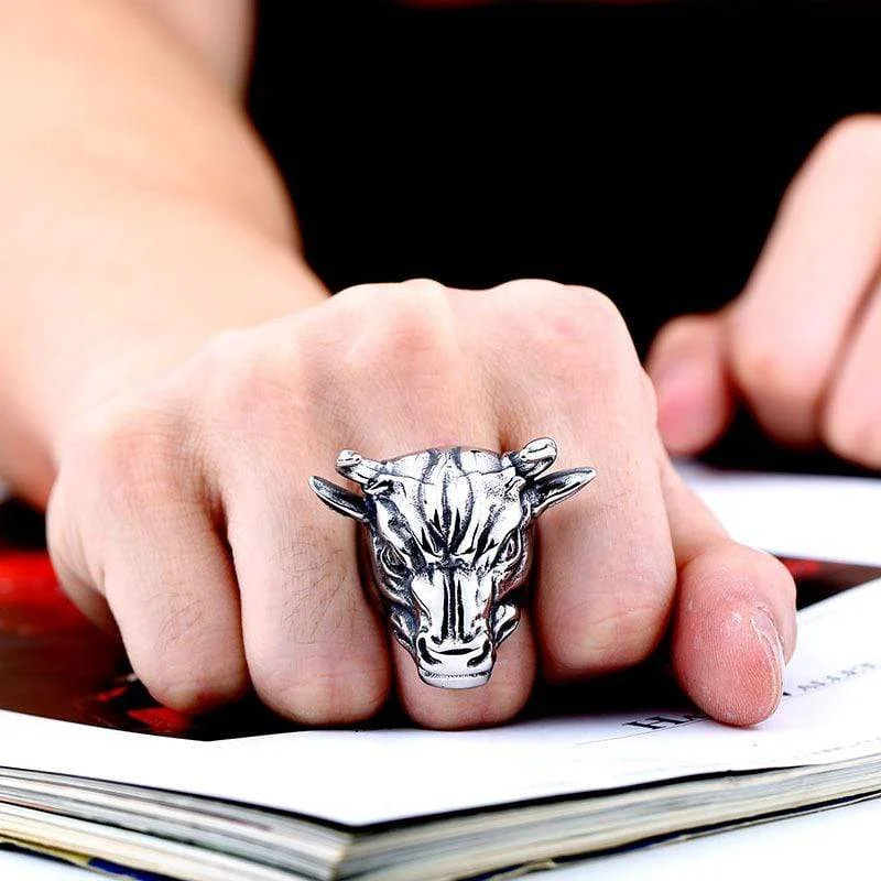 silver rings for women -Men's Punk Bull Head of Wall Street Rings