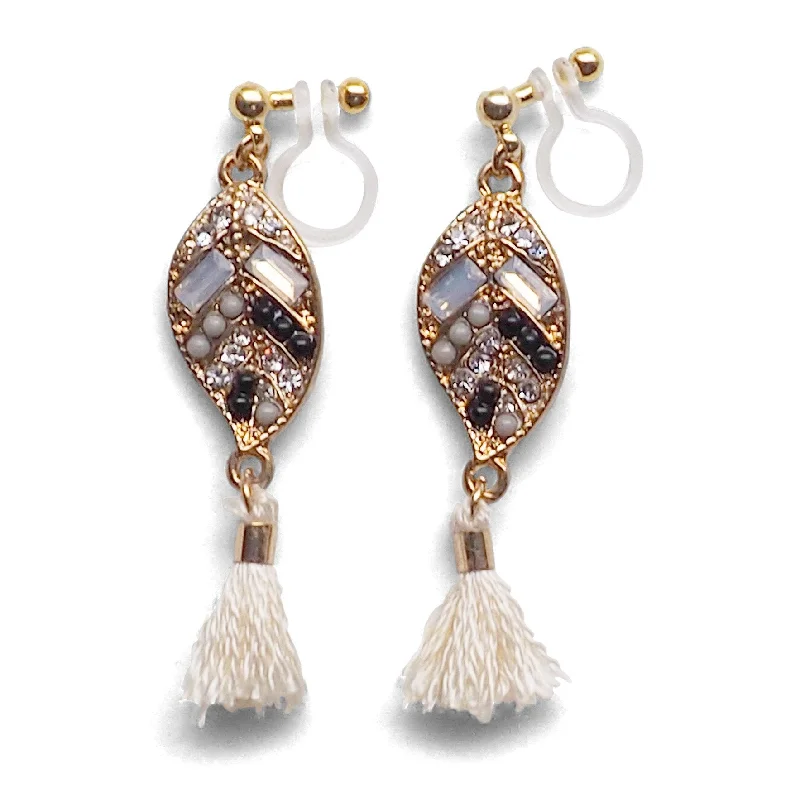 gemstone earrings for women -Dangle gold leaf rhinestone and white tassel invisible clip on earrings