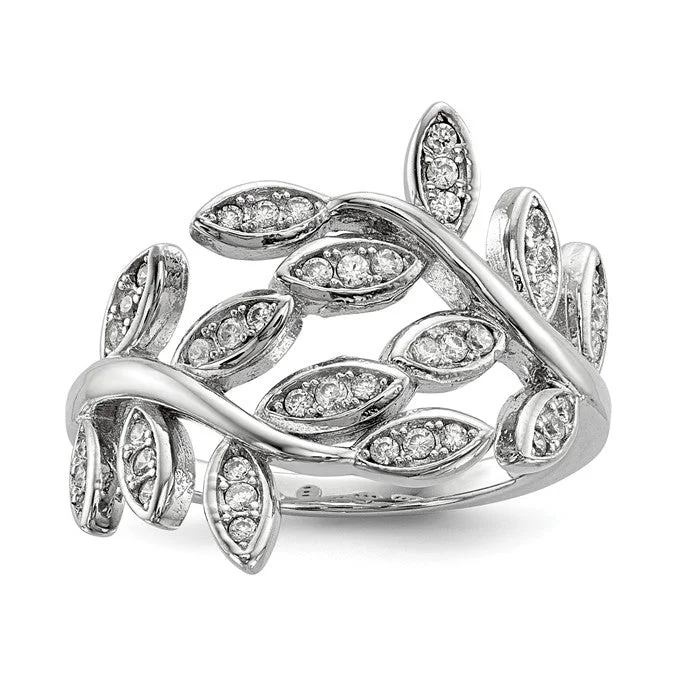 classic necklaces for women -Sterling Silver Wrapped Leaves CZ Ring