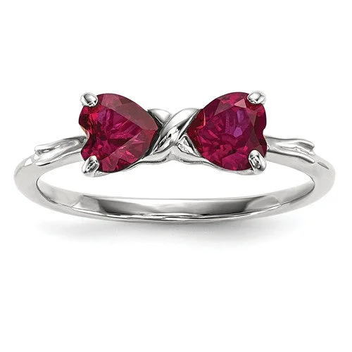 statement piece necklaces for women -14k White Gold Created Ruby 2- Stone Heart Bow Ring