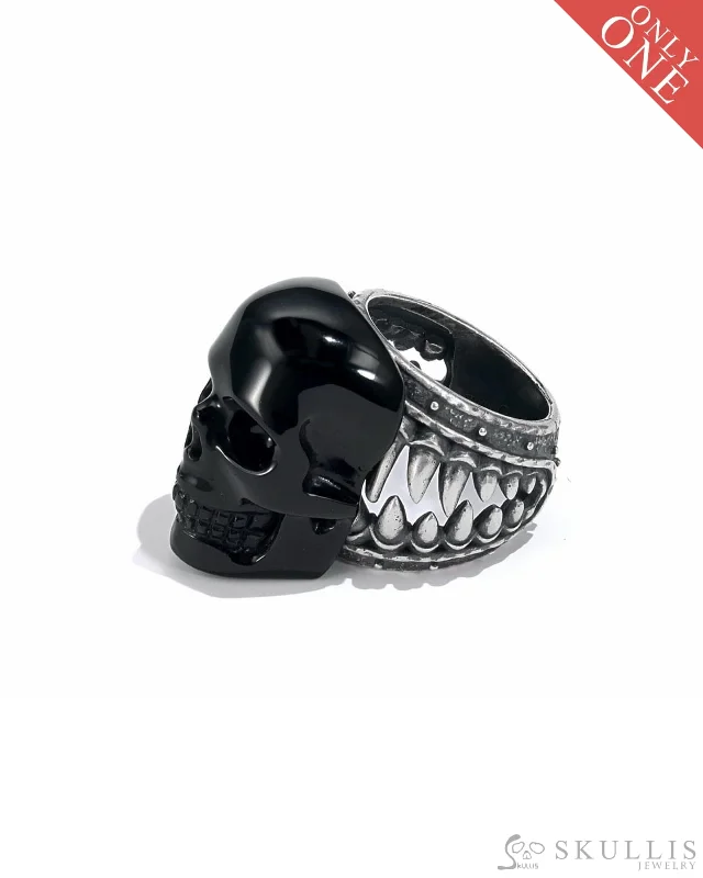 elegant engagement rings -Gem Skull Ring of Black Obsidian Carved Skull in 925 Sterling Silver - 8500241（US Size 8）