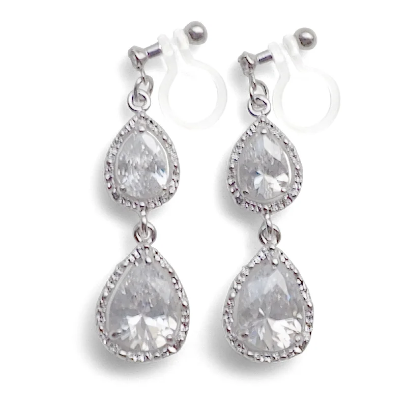 stud pearl earrings for women -Bridal teardrop cubic zirconia invisible clip on earrings