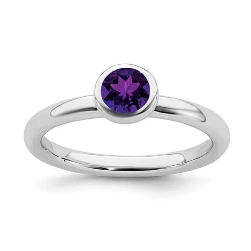 elegant charm necklaces for women -Sterling Silver Stackable Expressions Low 4mm Round Amethyst Ring