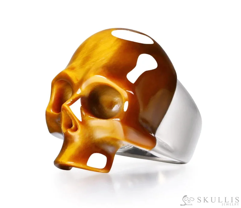 wedding bands for women -Skullis Signature Gold Tiger's Eye Gem Skull Ring, Hand Carved, Sterling Silver, for Women & Men