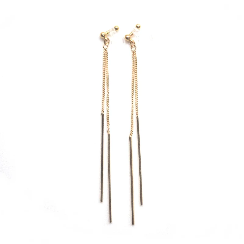 gold earrings for women -Long gold bar invisible clip on earrings