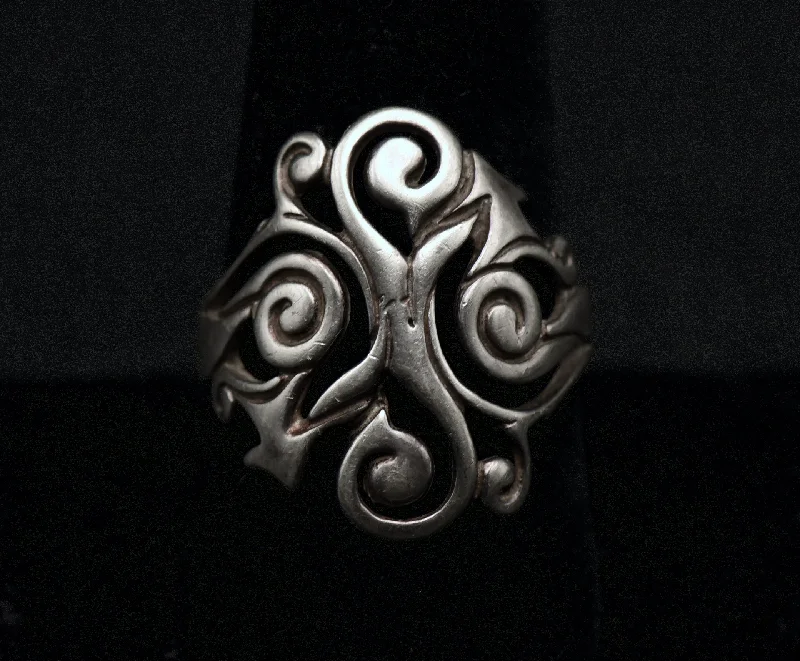 yellow gold rings for women -Vintage Sterling Silver Pierced Scroll Design Ring - Size 9