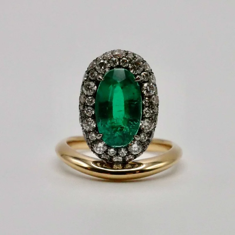 stackable wedding bands for women -2.75 Carat Oval Columbian Emerald Donut Ring with Pave Lab Diamonds in 18K Yellow and Blackened Gold