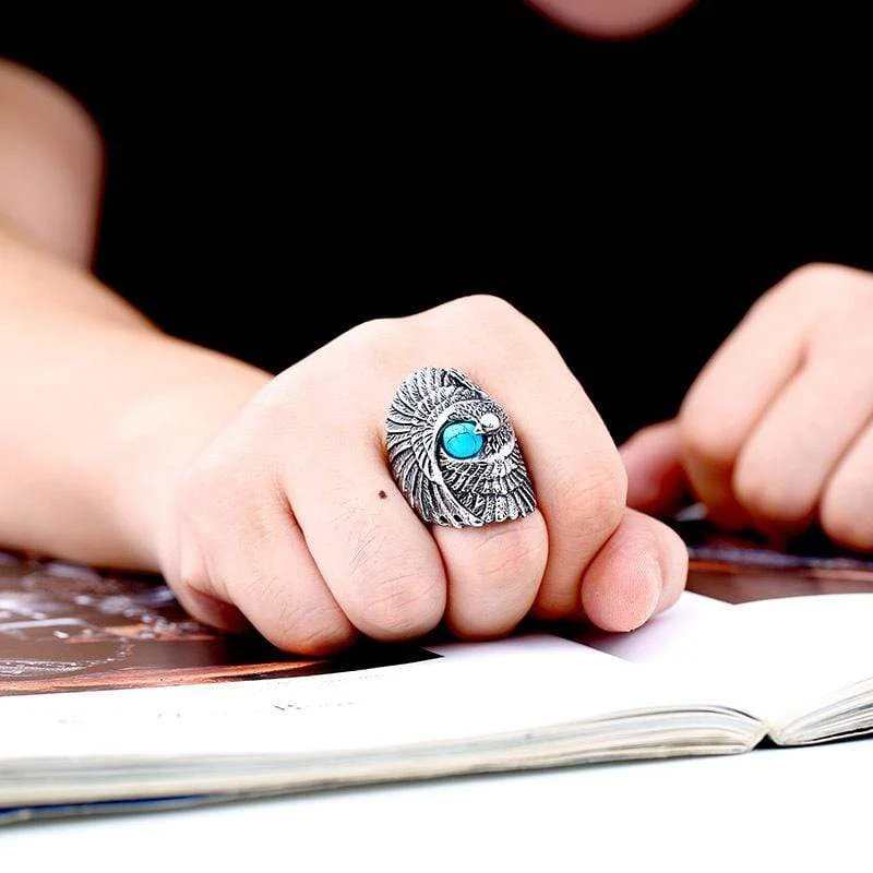 contemporary rings for women -Men's Punk Eagle Turquoise Rings