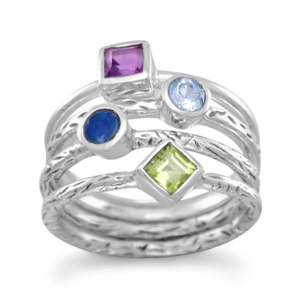 statement necklaces for women -Sterling Silver Amethyst, Blue Topaz, Opal & Peridot Textured 4 Band Ring Set