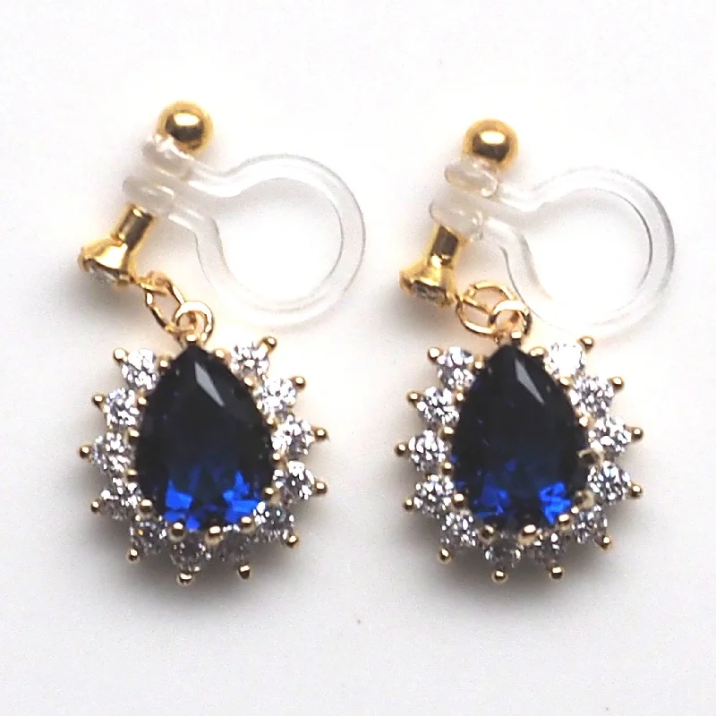 bridal drop earrings for women -Teardrop navy blue cubic zirconia invisible clip on earrings ( gold tone )