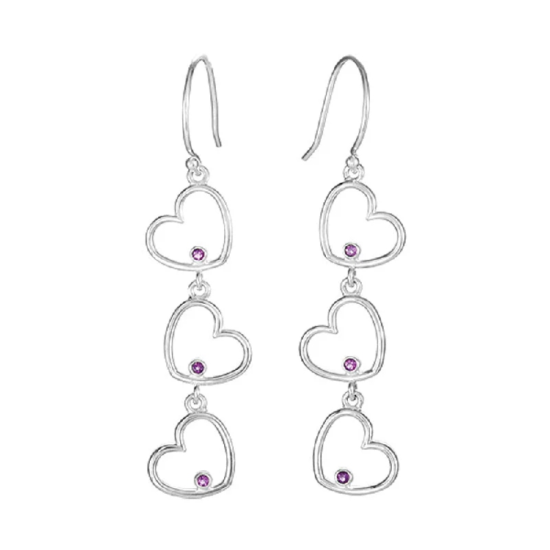 sparkling hoop earrings for women -Triple Heart Amethyst Dangle Earrings in Sterling Silver