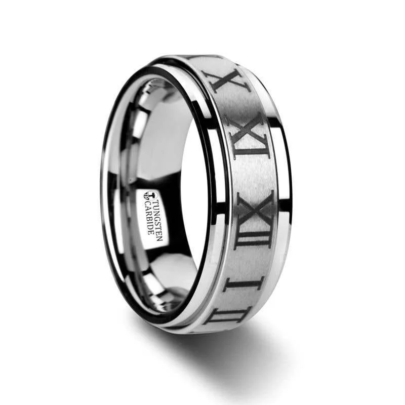 timeless gold necklaces for women -Thorsten IMPERIUS Roman Numeral Raised Center Brush Finish Tungsten Carbide Spinner Ring - 8mm