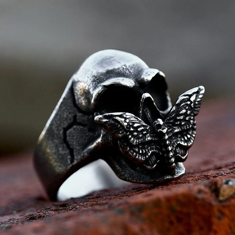 vintage rings for women -Men's Punk Butterfly Skull Ring