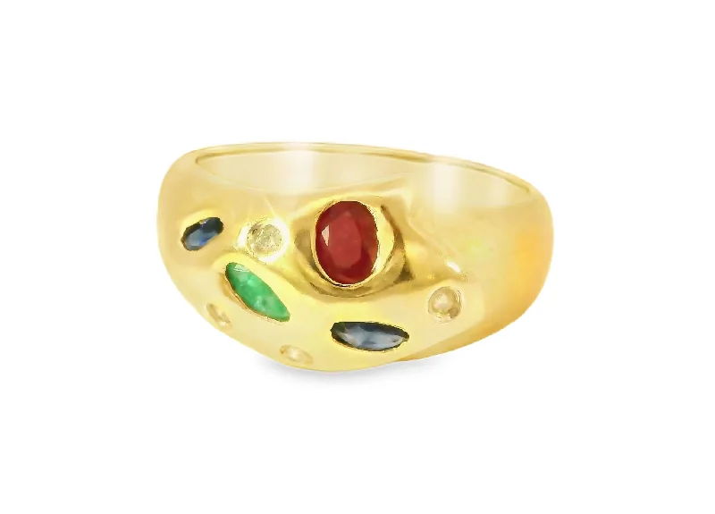 birthstone rings for women -Beautiful Estate 14K Yellow Gold Diamond Emerald Sapphire Ruby Ring Band