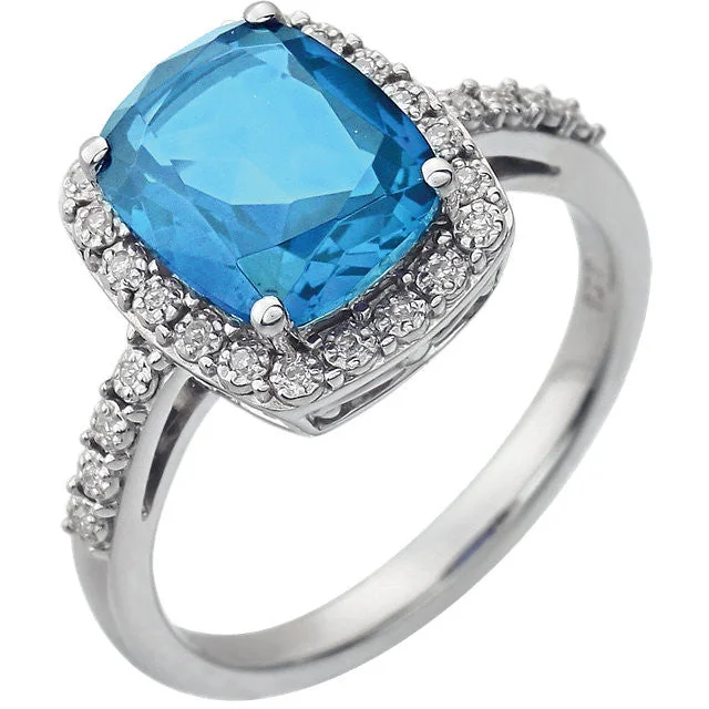 timeless gold necklaces for women -14k White Gold 10x8 Cushion Swiss Blue Topaz & Diamond Halo Ring