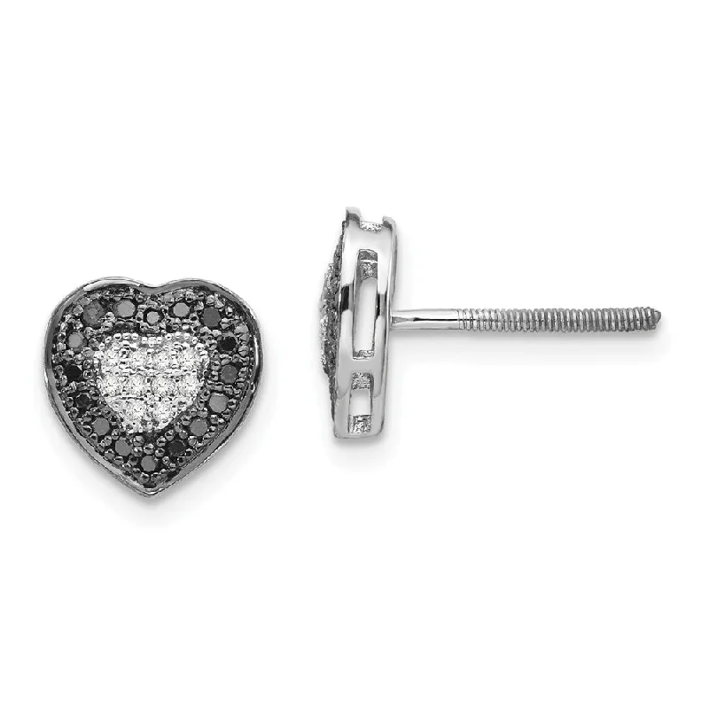 minimal earrings for women -Black & White Diamond 8mm Heart Screw Back Earrings in Sterling Silver