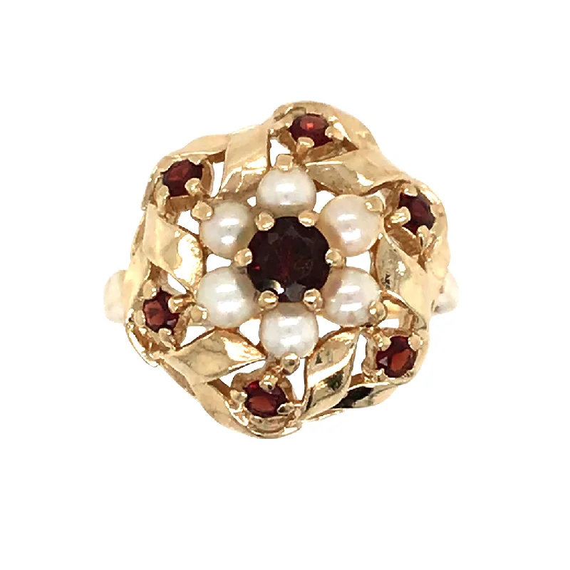 custom wedding bands for women -Garnet & Pearl Cluster Ring