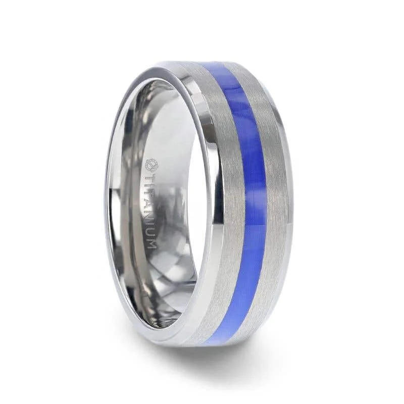 luxury necklaces for women -Thorsten BARRY Blue Stripe Inlaid Titanium Flat Brushed Men's Wedding Ring With Beveled Polished Edges - 8mm