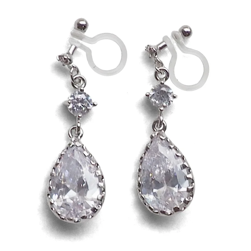 contemporary earrings for women -Bridal teardrop cubic zirconia crystal invisible clip on earrings ( silver tone )