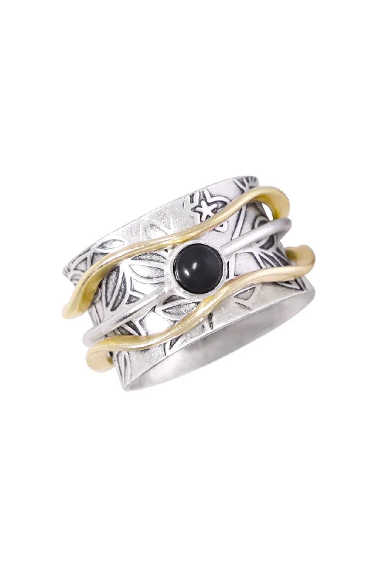 matching rings for couples -Zoey Simmons - Black Onyx Floral Pattern Spinner Ring