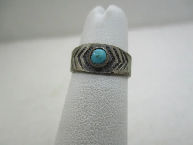 stackable wedding bands for women -Vintage Sterling Southwestern Turquoise Stamped Ring, Sz 3  (SS)