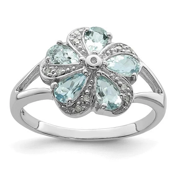 elegant chain necklaces for women -Sterling Silver Genuine Aquamarine Diamond Flower Ring